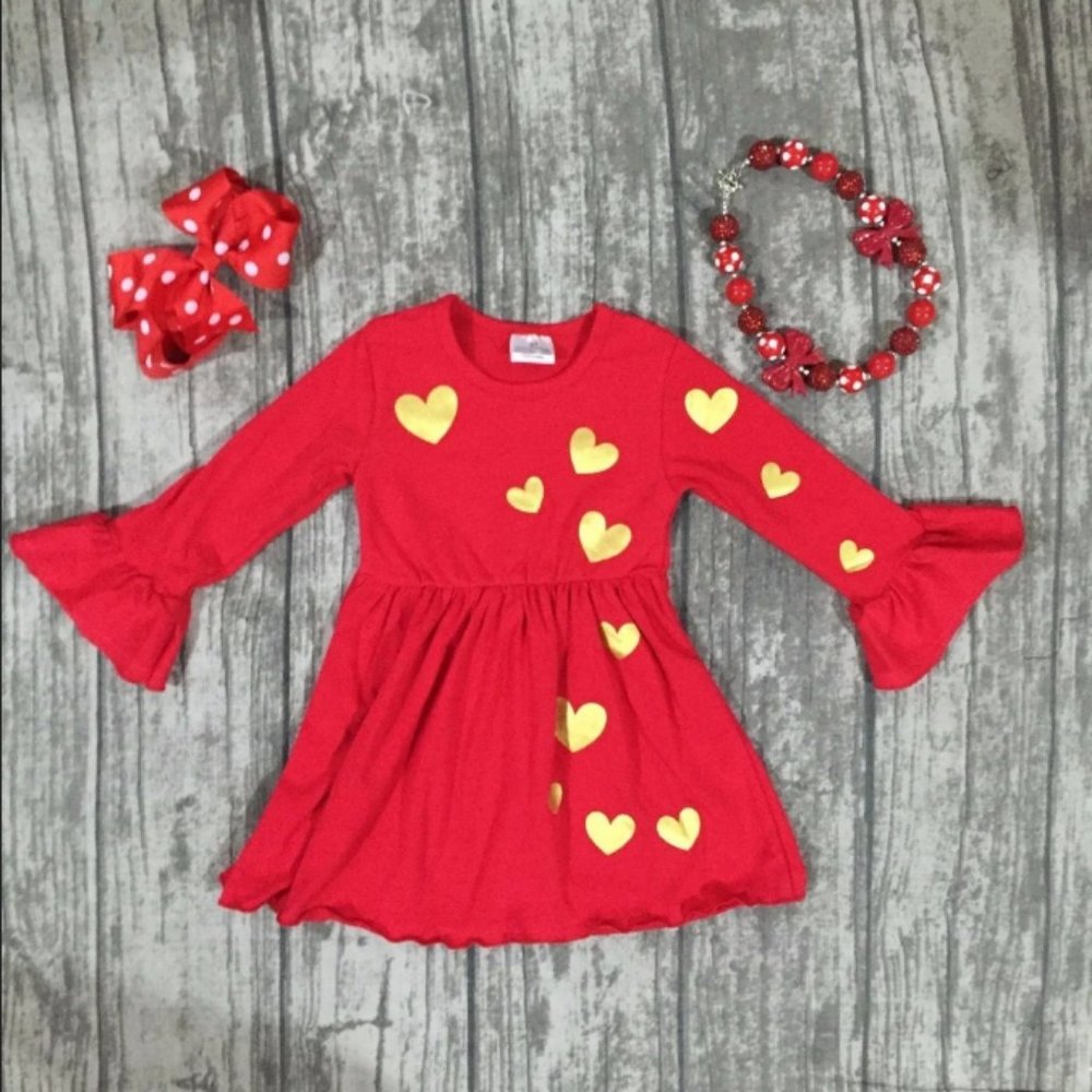 Valentine's Day Girls Gold Heart Red Dress